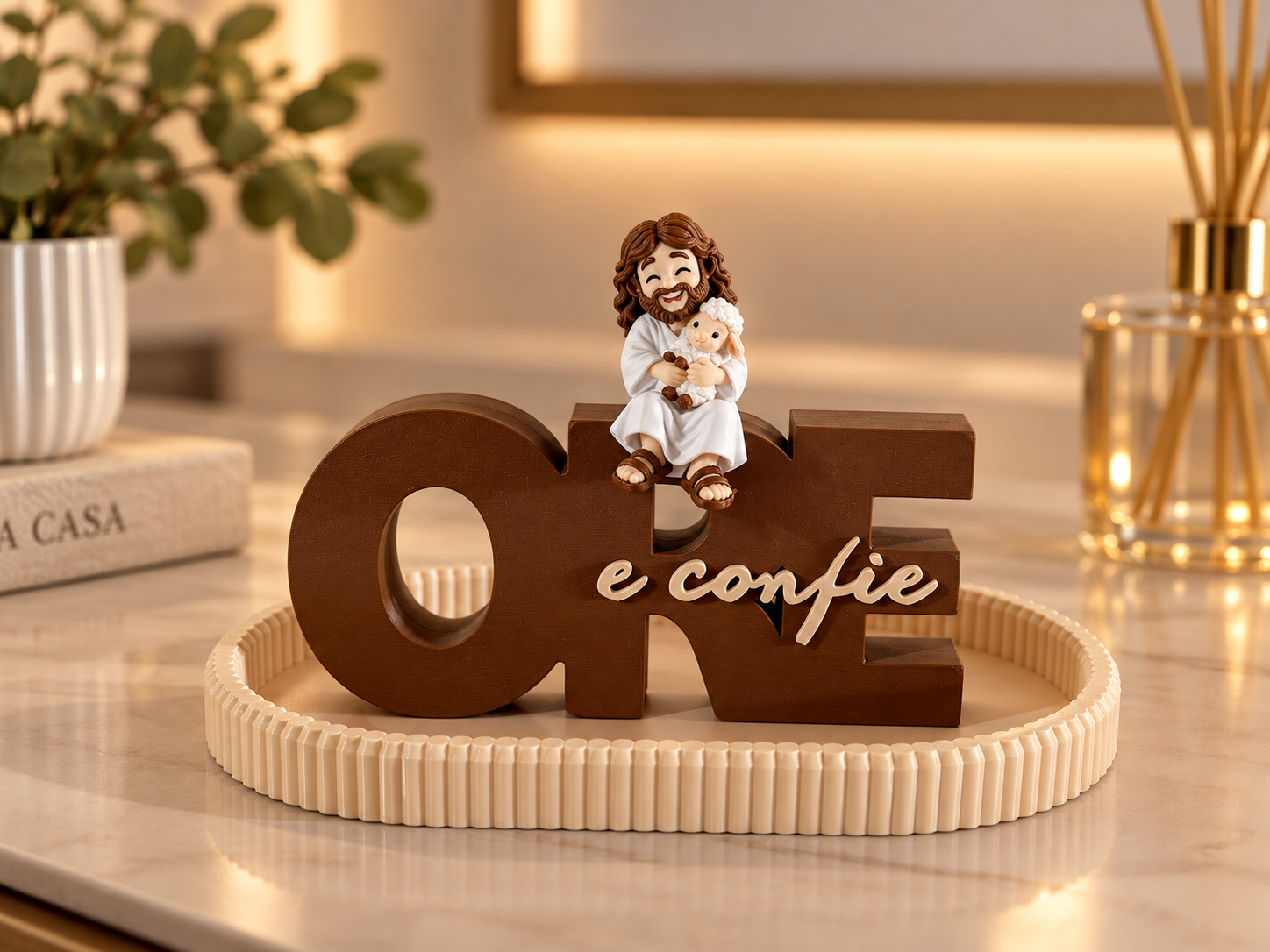 Kit Decorativo Ore e Confie com Bandeja e Mini Jesus