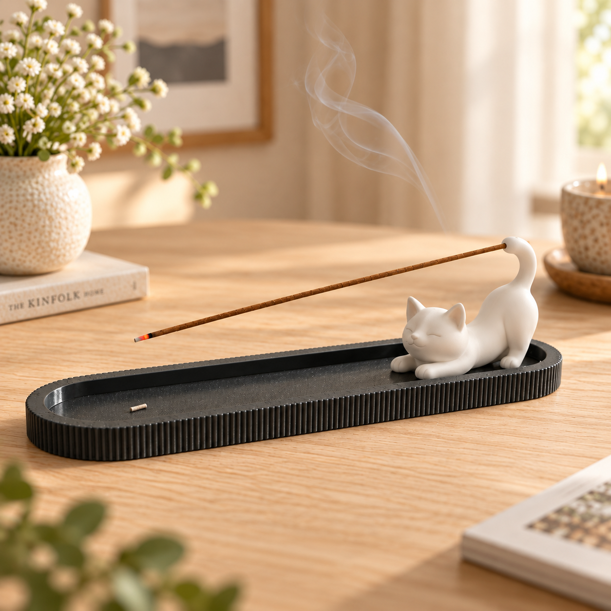 Suporte para Incenso com Gatinho Branco