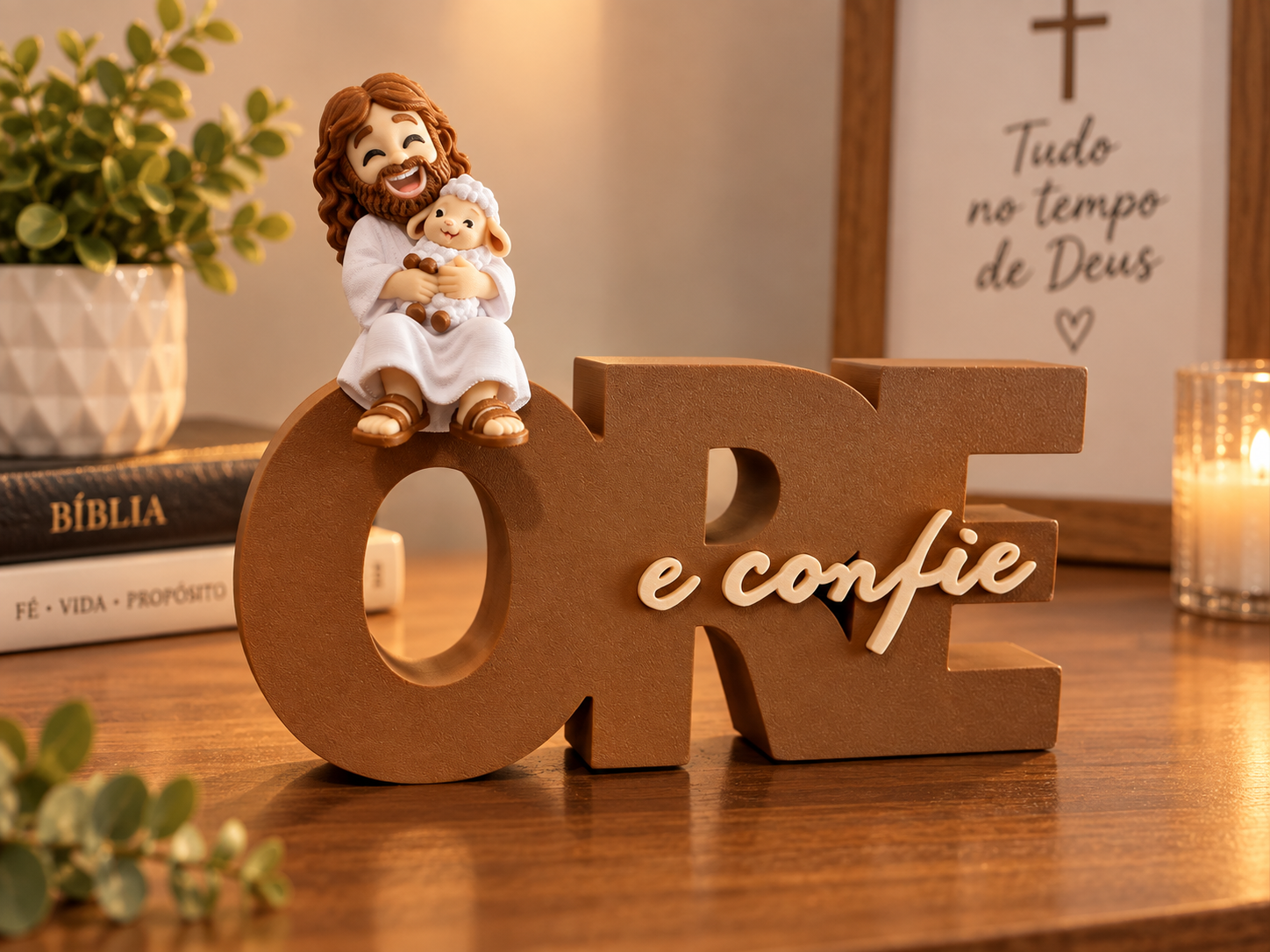 Conjunto Decorativo Ore e Confie com Mini Jesus e Ovelha