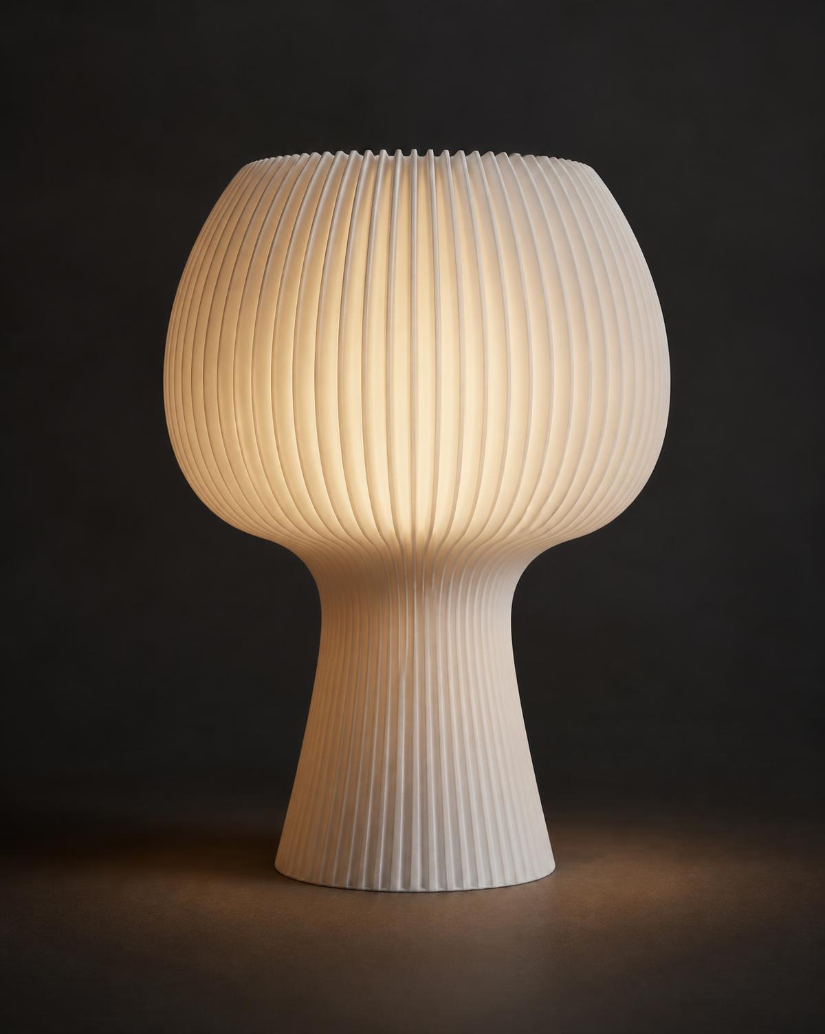 Luminária impressa em 3D com cúpula nervurada acesa