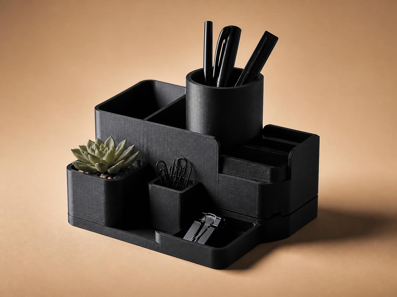 Organizador de mesa preto completo, com divisórias funcionais e acabamento definido, fotografado em estúdio